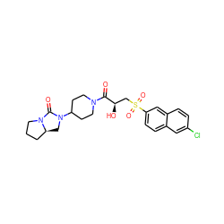 O=C([C@H](O)CS(=O)(=O)c1ccc2cc(Cl)ccc2c1)N1CCC(N2C[C@H]3CCCN3C2=O)CC1 ZINC000049110263