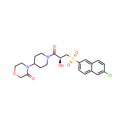 O=C([C@H](O)CS(=O)(=O)c1ccc2cc(Cl)ccc2c1)N1CCC(N2CCOCC2=O)CC1 ZINC000013986538