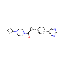 O=C([C@H]1C[C@@H]1c1ccc(-c2cncnc2)cc1)N1CCN(C2CCC2)CC1 ZINC000059050741