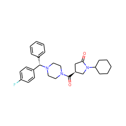 O=C([C@H]1CC(=O)N(C2CCCCC2)C1)N1CCN([C@@H](c2ccccc2)c2ccc(F)cc2)CC1 ZINC000014959434