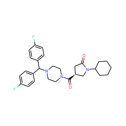 O=C([C@H]1CC(=O)N(C2CCCCC2)C1)N1CCN(C(c2ccc(F)cc2)c2ccc(F)cc2)CC1 ZINC000014959450