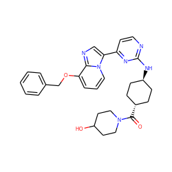 O=C([C@H]1CC[C@H](Nc2nccc(-c3cnc4c(OCc5ccccc5)cccn34)n2)CC1)N1CCC(O)CC1 ZINC000261152210