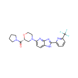 O=C([C@H]1CN(c2ccc3[nH]c(-c4cccc(C(F)(F)F)n4)nc3n2)CCO1)N1CCCC1 ZINC000221405225