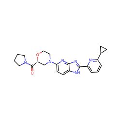 O=C([C@H]1CN(c2ccc3[nH]c(-c4cccc(C5CC5)n4)nc3n2)CCO1)N1CCCC1 ZINC000221403191