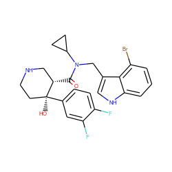 O=C([C@H]1CNCC[C@]1(O)c1ccc(F)c(F)c1)N(Cc1c[nH]c2cccc(Br)c12)C1CC1 ZINC000073138641