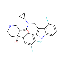 O=C([C@H]1CNCC[C@]1(O)c1ccc(F)c(F)c1)N(Cc1c[nH]c2cccc(F)c12)C1CC1 ZINC000073138494