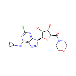 O=C([C@H]1O[C@@H](n2cnc3c(NC4CC4)nc(Cl)nc32)[C@H](O)[C@@H]1O)N1CCOCC1 ZINC000096901811