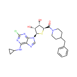 O=C([C@H]1S[C@@H](n2cnc3c(NC4CC4)nc(Cl)nc32)[C@H](O)[C@@H]1O)N1CCC(Cc2ccccc2)CC1 ZINC000028564053