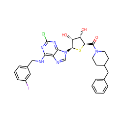 O=C([C@H]1S[C@@H](n2cnc3c(NCc4cccc(I)c4)nc(Cl)nc32)[C@H](O)[C@@H]1O)N1CCC(Cc2ccccc2)CC1 ZINC000028564214