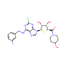 O=C([C@H]1S[C@@H](n2cnc3c(NCc4cccc(I)c4)nc(Cl)nc32)[C@H](O)[C@@H]1O)N1CCC(O)CC1 ZINC000029128034