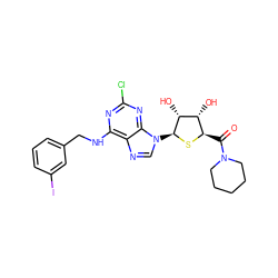 O=C([C@H]1S[C@@H](n2cnc3c(NCc4cccc(I)c4)nc(Cl)nc32)[C@H](O)[C@@H]1O)N1CCCCC1 ZINC000029128134