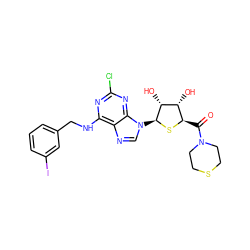 O=C([C@H]1S[C@@H](n2cnc3c(NCc4cccc(I)c4)nc(Cl)nc32)[C@H](O)[C@@H]1O)N1CCSCC1 ZINC000029128032