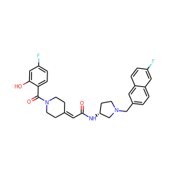 O=C(C=C1CCN(C(=O)c2ccc(F)cc2O)CC1)N[C@@H]1CCN(Cc2ccc3cc(F)ccc3c2)C1 ZINC000043120857