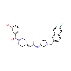 O=C(C=C1CCN(C(=O)c2cccc(O)c2)CC1)N[C@@H]1CCN(Cc2ccc3cc(F)ccc3c2)C1 ZINC000043009252