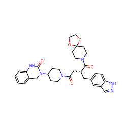 O=C(C[C@@H](Cc1ccc2[nH]ncc2c1)C(=O)N1CCC2(CC1)OCCO2)N1CCC(N2Cc3ccccc3NC2=O)CC1 ZINC000084632491