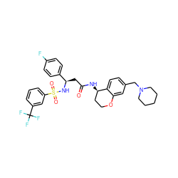 O=C(C[C@@H](NS(=O)(=O)c1cccc(C(F)(F)F)c1)c1ccc(F)cc1)N[C@@H]1CCOc2cc(CN3CCCCC3)ccc21 ZINC000028643241