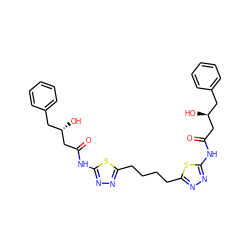 O=C(C[C@@H](O)Cc1ccccc1)Nc1nnc(CCCCc2nnc(NC(=O)C[C@@H](O)Cc3ccccc3)s2)s1 ZINC000261086552