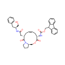 O=C(C[C@@H]1C/C=C\C[C@H](NC(=O)OCC2c3ccccc3-c3ccccc32)C(=O)OC[C@H]2CCCN2C1=O)N[C@H](CO)Cc1ccccc1 ZINC000072128034