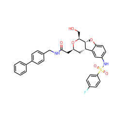 O=C(C[C@@H]1C[C@H]2c3cc(NS(=O)(=O)c4ccc(F)cc4)ccc3O[C@H]2[C@H](CO)O1)NCc1ccc(-c2ccccc2)cc1 ZINC000095604552