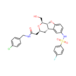 O=C(C[C@@H]1C[C@H]2c3cc(NS(=O)(=O)c4ccc(F)cc4)ccc3O[C@H]2[C@H](CO)O1)NCc1ccc(Cl)cc1 ZINC000095599911