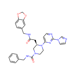 O=C(C[C@@H]1CN(C(=O)NCc2ccccc2)CCN1c1ccnc(-n2ccnc2)n1)NCc1ccc2c(c1)OCO2 ZINC000036089241