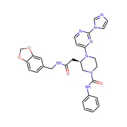 O=C(C[C@@H]1CN(C(=O)Nc2ccccc2)CCN1c1ccnc(-n2ccnc2)n1)NCc1ccc2c(c1)OCO2 ZINC000036089223