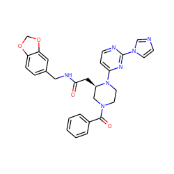 O=C(C[C@@H]1CN(C(=O)c2ccccc2)CCN1c1ccnc(-n2ccnc2)n1)NCc1ccc2c(c1)OCO2 ZINC000035270091