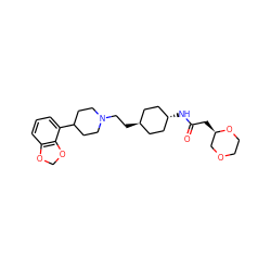 O=C(C[C@@H]1COCCO1)N[C@H]1CC[C@H](CCN2CCC(c3cccc4c3OCO4)CC2)CC1 ZINC000261084075