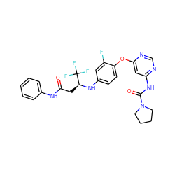 O=C(C[C@H](Nc1ccc(Oc2cc(NC(=O)N3CCCC3)ncn2)c(F)c1)C(F)(F)F)Nc1ccccc1 ZINC000049775042