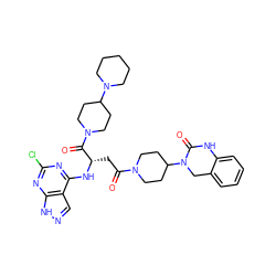 O=C(C[C@H](Nc1nc(Cl)nc2[nH]ncc12)C(=O)N1CCC(N2CCCCC2)CC1)N1CCC(N2Cc3ccccc3NC2=O)CC1 ZINC000084619489