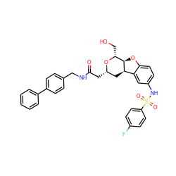 O=C(C[C@H]1C[C@@H]2c3cc(NS(=O)(=O)c4ccc(F)cc4)ccc3O[C@@H]2[C@@H](CO)O1)NCc1ccc(-c2ccccc2)cc1 ZINC000095600947