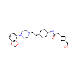 O=C(C[C@H]1C[C@H](CO)C1)N[C@H]1CC[C@H](CCN2CCN(c3cccc4c3OCO4)CC2)CC1 ZINC000261160603