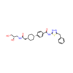 O=C(C[C@H]1CC[C@H](c2ccc(C(=O)Nc3nnc(Cc4ccccc4)s3)cc2)CC1)NC[C@H](O)CO ZINC000653796452