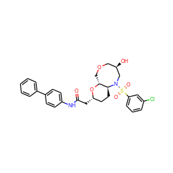 O=C(C[C@H]1CC[C@H]2[C@@H](COC[C@@H](O)CN2S(=O)(=O)c2cccc(Cl)c2)O1)Nc1ccc(-c2ccccc2)cc1 ZINC000095598795