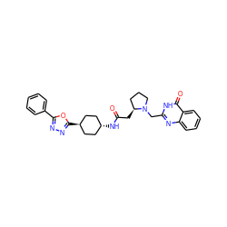 O=C(C[C@H]1CCCN1Cc1nc2ccccc2c(=O)[nH]1)N[C@H]1CC[C@H](c2nnc(-c3ccccc3)o2)CC1 ZINC000299847272