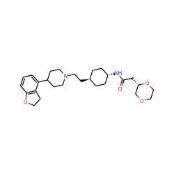 O=C(C[C@H]1COCCO1)N[C@H]1CC[C@H](CCN2CCC(c3cccc4c3CCO4)CC2)CC1 ZINC000261164342