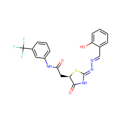 O=C(C[C@H]1S/C(=N\N=C\c2ccccc2O)NC1=O)Nc1cccc(C(F)(F)F)c1 ZINC000000723145