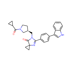 O=C(C1CC1)N1CC[C@@H](CN2C(=O)C3(CC3)N=C2c2ccc(-c3c[nH]c4ccccc34)cc2)C1 ZINC000223447011