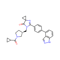 O=C(C1CC1)N1CC[C@@H](CN2C(=O)C3(CC3)N=C2c2ccc(-c3cccc4[nH]ncc34)cc2)C1 ZINC000223462118