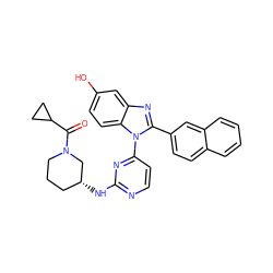 O=C(C1CC1)N1CCC[C@@H](Nc2nccc(-n3c(-c4ccc5ccccc5c4)nc4cc(O)ccc43)n2)C1 ZINC000095591267