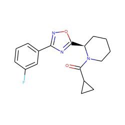 O=C(C1CC1)N1CCCC[C@@H]1c1nc(-c2cccc(F)c2)no1 ZINC000071341053