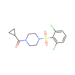 O=C(C1CC1)N1CCN(S(=O)(=O)c2c(Cl)cccc2Cl)CC1 ZINC000015743149