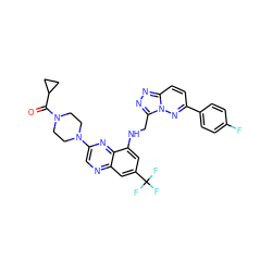 O=C(C1CC1)N1CCN(c2cnc3cc(C(F)(F)F)cc(NCc4nnc5ccc(-c6ccc(F)cc6)nn45)c3n2)CC1 ZINC000095563583