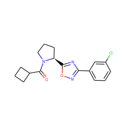 O=C(C1CCC1)N1CCC[C@H]1c1nc(-c2cccc(Cl)c2)no1 ZINC000035318976