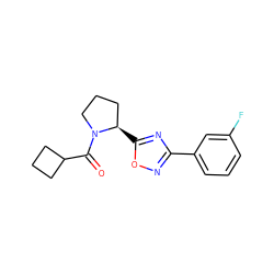 O=C(C1CCC1)N1CCC[C@H]1c1nc(-c2cccc(F)c2)no1 ZINC000071334365