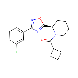 O=C(C1CCC1)N1CCCC[C@@H]1c1nc(-c2cccc(Cl)c2)no1 ZINC000035280865