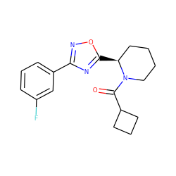 O=C(C1CCC1)N1CCCC[C@@H]1c1nc(-c2cccc(F)c2)no1 ZINC000071331242