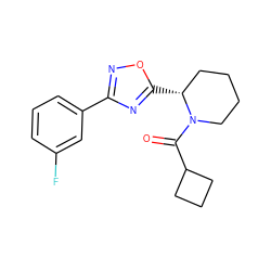 O=C(C1CCC1)N1CCCC[C@H]1c1nc(-c2cccc(F)c2)no1 ZINC000071342099