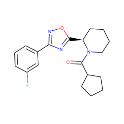 O=C(C1CCCC1)N1CCCC[C@@H]1c1nc(-c2cccc(F)c2)no1 ZINC000071420875