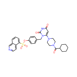 O=C(C1CCCCC1)N1CCN(c2cc(=O)[nH]c(=O)n2Cc2ccc(OS(=O)(=O)c3cccc4cnccc34)cc2)CC1 ZINC000205360908